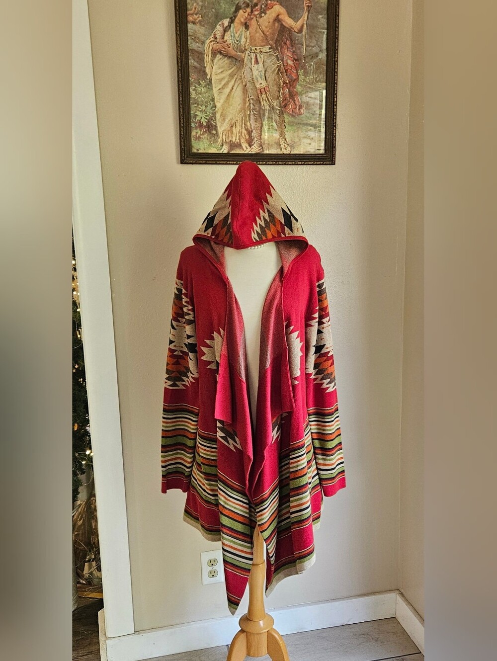Tasha Polizzi Red Southwest Aztec Hooded Drape Cardigan L